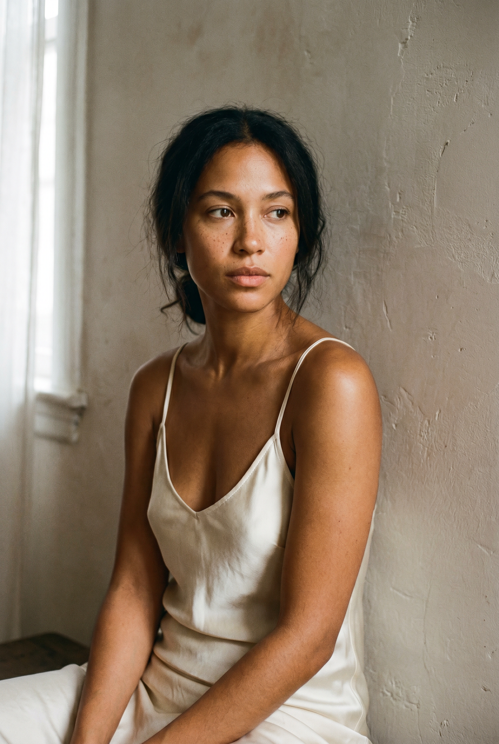 Aanya, photographed in natural plaster-wall daylight, half-shadow, looking past camera.