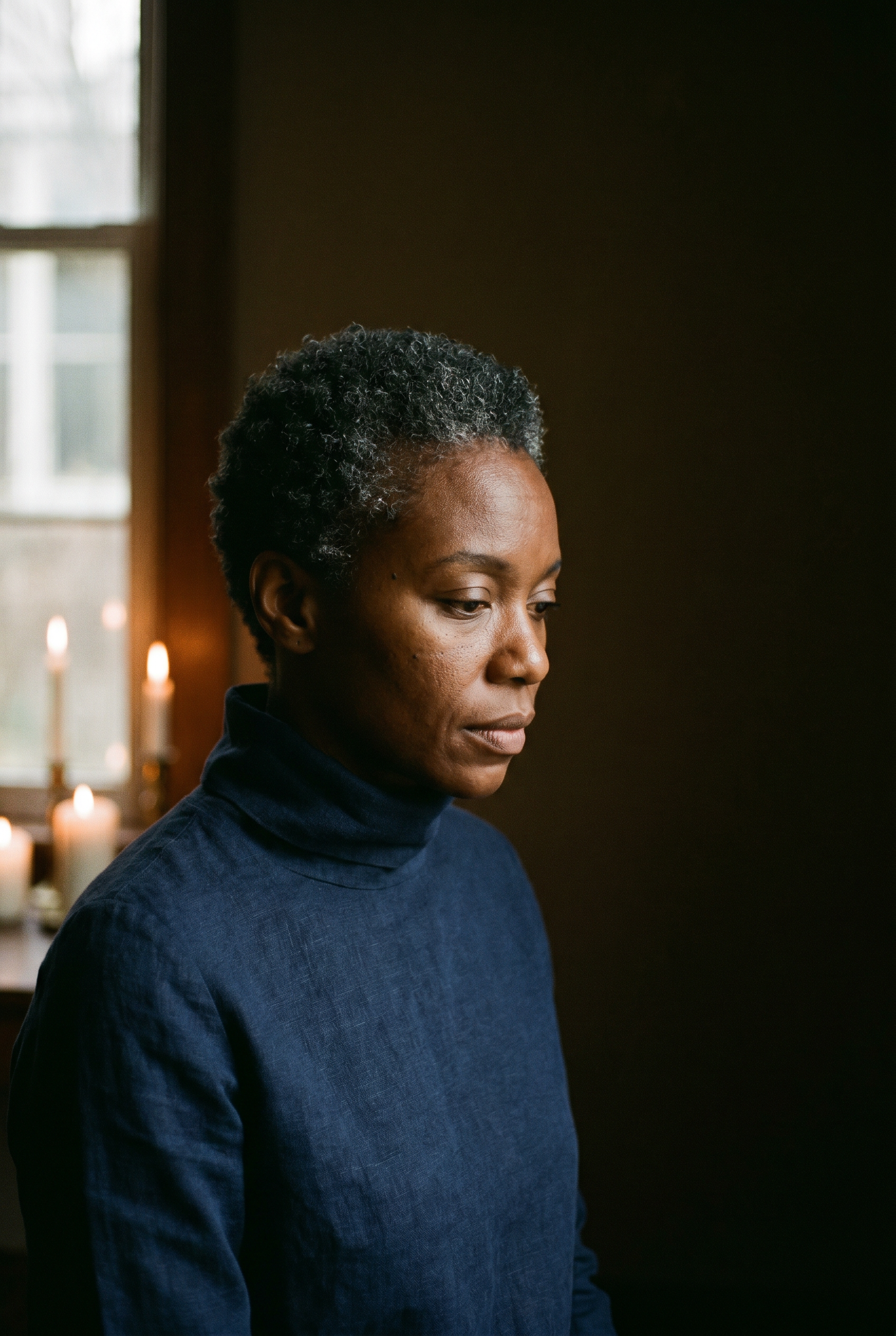 Meher, photographed in candlelit window light, three-quarter profile, navy linen.