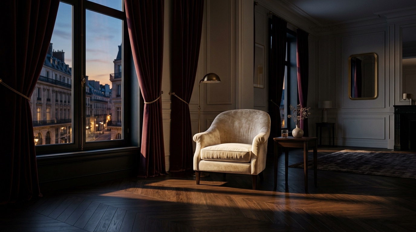A cream chair by a tall window at dusk.