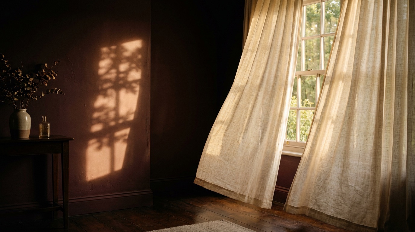Linen curtains and afternoon light on a maroon wall.